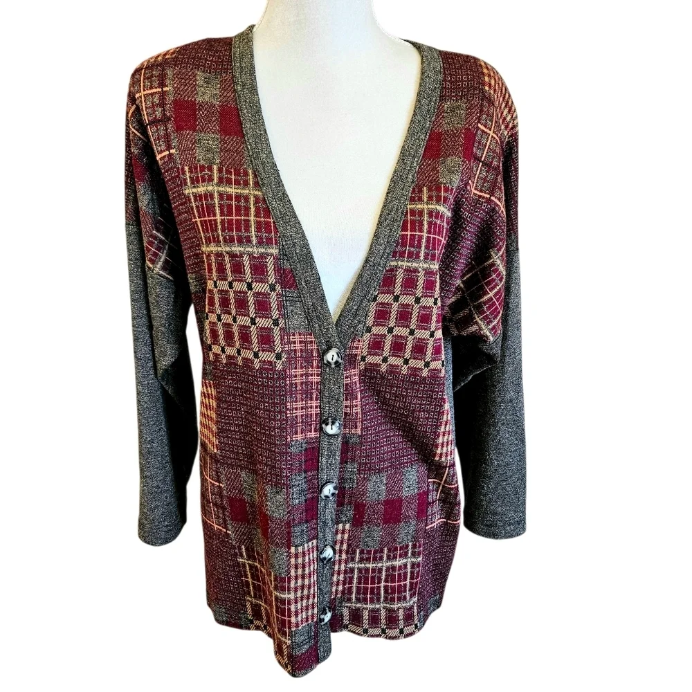Land & Sea Vintage Knit Cardigan Dropped Shoulder Button Up Patchwork EUC